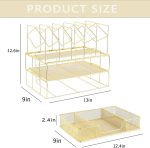 Youbetia Desk Organizers and Accessories - Double Tray and 5 Upright Sections, Office Supplies Desk Organizer with Drawer, File Office Organization with Binder Clips, Gold - Image 5